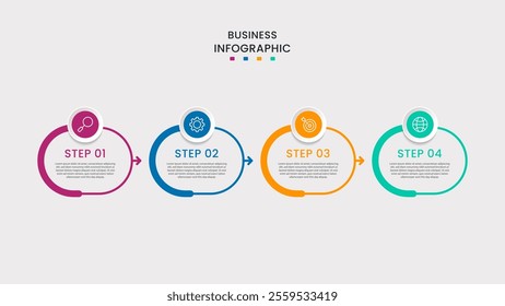 Business Infographic design template Vector with icons and 4 four options or steps. It can be used for process diagrams, presentations, workflow layouts, banners, flow charts, infographics