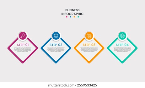 Business Infographic design template Vector with icons and 4 four options or steps. It can be used for process diagrams, presentations, workflow layouts, banners, flow charts, infographics