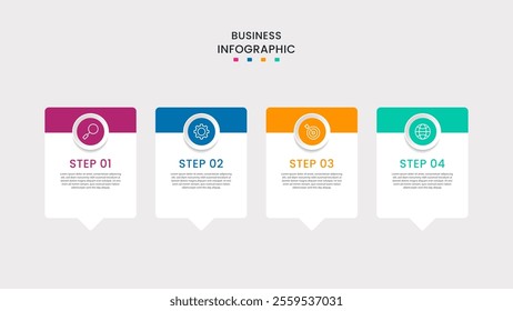 Business Infographic design template Vector with icons and 4 four options or steps. It can be used for process diagrams, presentations, workflow layouts, banners, flow charts, infographics