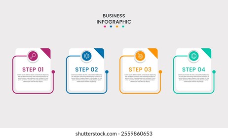 Business Infographic design template Vector with icons and 4 four options or steps. It can be used for process diagrams, presentations, workflow layouts, banners, flow charts, infographics