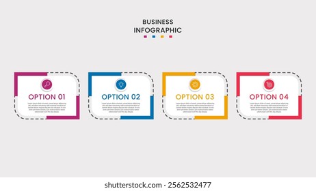 Business Infographic design template Vector with icons and 4 four options or steps. It can be used for process diagrams, presentations, workflow layouts, banners, flow charts, infographics