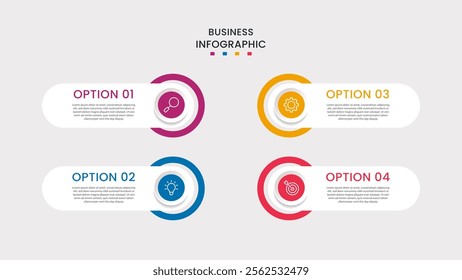 Business Infographic design template Vector with icons and 4 four options or steps. It can be used for process diagrams, presentations, workflow layouts, banners, flow charts, infographics