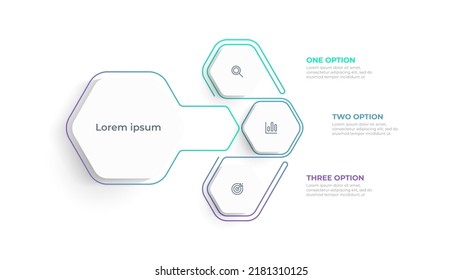 Business infographic design with three options. Vector thin line label with hexagons template. Can be used for workflow diagram, info chart, web design.