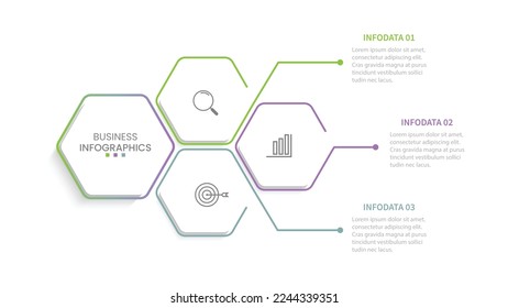 Business infographic design with three options. Vector thin line label with hexagons template.
