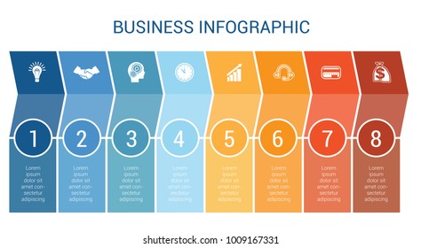 Business Infographic design for Timeline eight position can be used for workflow, banner, diagram, web design, area chart.