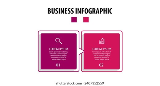 business infographic design two parts or steps, there are icons, text and numbers, colorful square design with interconnected color lines, for diagrams, banners and your business workflow