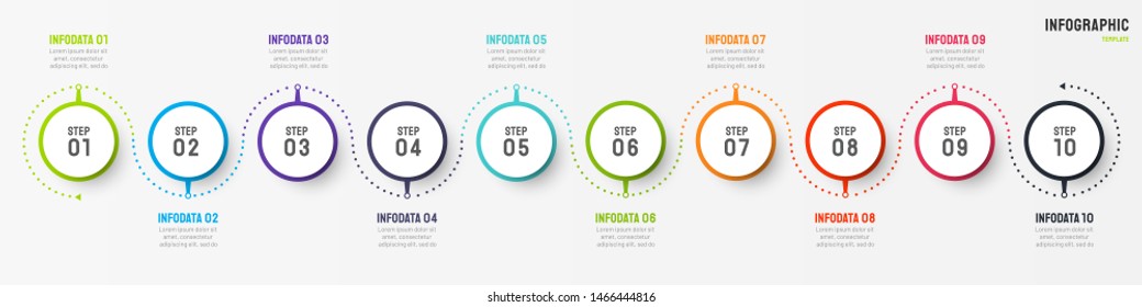 Business Infographic Design Vector With Circle Element. Timeline With 10 Step, Option, Process. Process Chart. Can Be Used For Presentations.