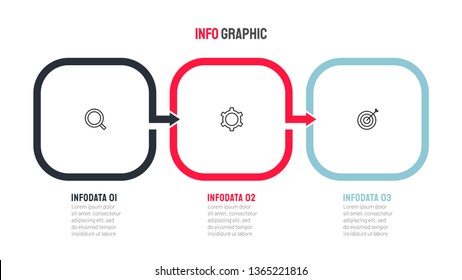 Business infographic design vector with outline template. Timeline with 3 steps, options, arrows. Creative concept with marketing icons.