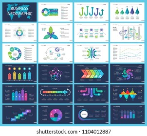 Business infographic diagram slide templates set can be used for workflow layout, annual report, web design. Marketing concept. Donut, arrow, timeline, process charts, bar graph, cycle, area diagram