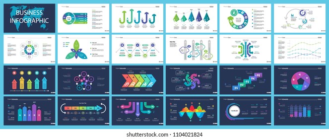Business infographic diagram slide templates set can be used for workflow layout, annual report, web design. Marketing concept. Donut, arrow, timeline, process charts, bar graph, cycle, area diagram