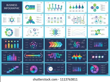 Business infographic diagram slide templates set can be used for workflow layout, annual report, web design. Marketing concept. Donut, arrow, timeline, process charts, bar graph, cycle, area diagram
