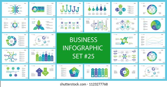 Business infographic diagram slide templates set can be used for workflow layout, annual report, web design. Marketing concept. Donut, arrow, timeline, process charts, bar graph, cycle, area diagram