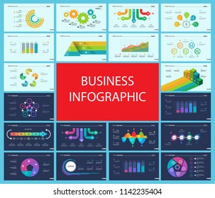Business infographic diagram slide templates set can be used for workflow layout, annual report, web design. Marketing concept. Donut, arrow, timeline, process charts, bar graph, cycle, area diagram