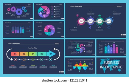 Business infographic diagram slide templates set can be used for workflow layout, annual report, web design. Marketing concept. Donut, arrow, timeline, process charts, bar graph, cycle, area diagram