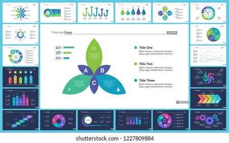 Business infographic diagram slide templates set can be used for workflow layout, annual report, web design. Marketing concept. Donut, arrow, timeline, process charts, bar graph, cycle, area diagram