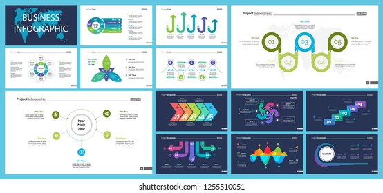 Business infographic diagram slide templates set can be used for workflow layout, annual report, web design. Marketing concept. Donut, arrow, timeline, process charts, bar graph, cycle, area diagram