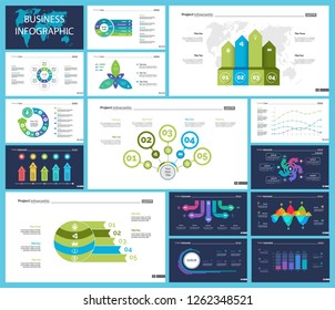 Business infographic diagram slide templates set can be used for workflow layout, annual report, web design. Marketing concept. Donut, arrow, timeline, process charts, bar graph, cycle, area diagram