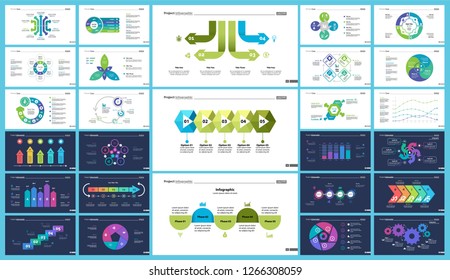 Business infographic diagram slide templates set can be used for workflow layout, annual report, web design. Marketing concept. Donut, arrow, timeline, process charts, bar graph, cycle, area diagram