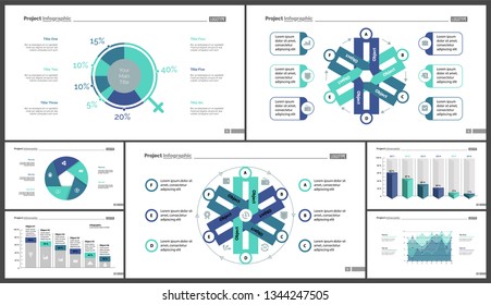 Business infographic diagram slide templates set can be used for workflow layout, annual report, web design. Marketing concept. Donut, arrow, timeline, process charts, bar graph, cycle, area diagram