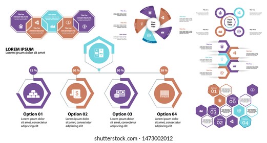 Business infographic diagram slide templates set can be used for workflow layout, annual report, web design. Marketing concept. Donut, arrow, timeline, process charts, bar graph, cycle, area diagram