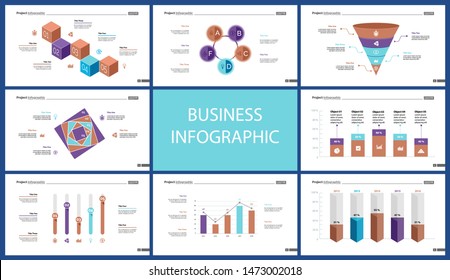 Business infographic diagram slide templates set can be used for workflow layout, annual report, web design. Marketing concept. Donut, arrow, timeline, process charts, bar graph, cycle, area diagram