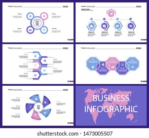 Business infographic diagram slide templates set can be used for workflow layout, annual report, web design. Marketing concept. Donut, arrow, timeline, process charts, bar graph, cycle, area diagram