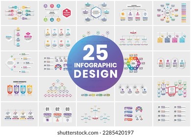 Business infographic and diagram vector collection with colorful shapes. Data visualization and chart bar template set design with geometric shapes. Flat business presentation graph chart bundle.