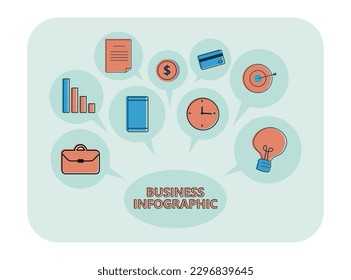 Business infographic with different productivity elements. Chart, briefcase, phone, contract, money, clock, credit card, lightbulb, target vector illustration. Business, marketing concept