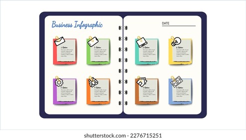 Business Infographic eight options with color clip notes on open book background, Vector illustration can be used for layout, workflow, banner, diagram, number options, step-up options, web design.