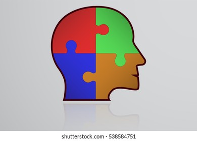 Business infographic element. Head shape icon with colorful puzzle pieces inside. Connected jigsaw in shape of human head with thick stroke with own reflection.