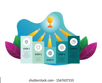 Business infographic element template, 5 steps to success, how to reach goal, teamwork illustration, hands point to trophy. right decision steps. can be used for presentaion slide. vector template.