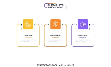 Business infographic elements with 3 square frames and linear pictograms on white background. Startup development strategy visualization. Modern linear vector illustration for commercial data analysis