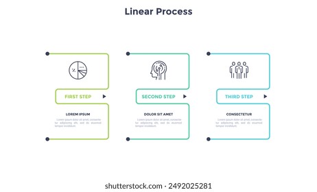 Business infographic elements with 3 square frames and linear pictograms on white background. Startup development strategy visualization. Modern linear vector illustration for commercial data analysis