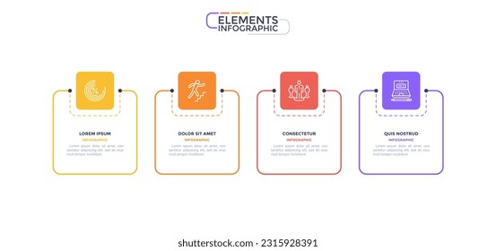 Business infographic elements with 4 square frames and linear pictograms on white background. Startup development strategy visualization. Modern linear vector illustration for commercial data analysis