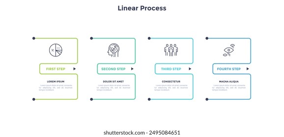 Business infographic elements with 4 square frames and linear pictograms on white background. Startup development strategy visualization. Modern linear vector illustration for commercial data analysis