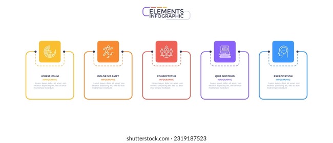 Elementos infográficos empresariales con 5 marcos cuadrados y pictogramas lineales sobre fondo blanco. Visualización de la estrategia de desarrollo de inicio. Ilustración vectorial lineal moderna para el análisis de datos comerciales