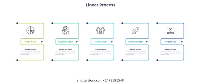 Business infographic elements with 5 square frames and linear pictograms on white background. Startup development strategy visualization. Modern linear vector illustration for commercial data analysis