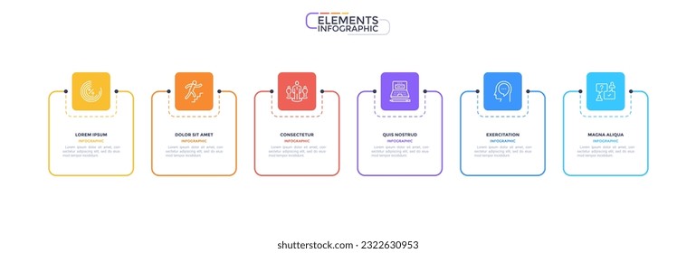 Business infographic elements with 6 square frames and linear pictograms on white background. Startup development strategy visualization. Modern linear vector illustration for commercial data analysis