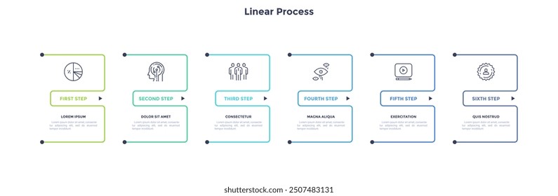 Business infographic elements with 6 square frames and linear pictograms on white background. Startup development strategy visualization. Modern linear vector illustration for commercial data analysis