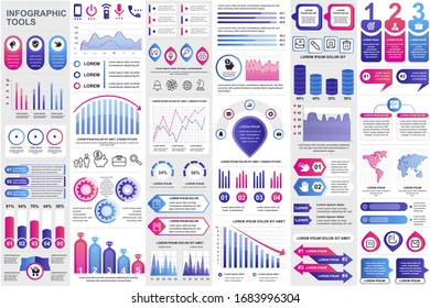 Business infographic elements set. Data visualization bundle for creative marketing presentation slides and web design. Colorful stock and flow charts, line, circle and bar graphs vector illustration.