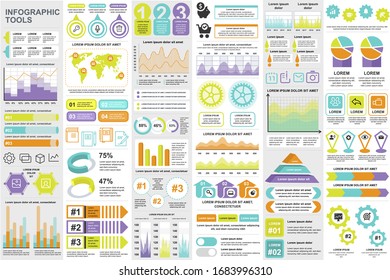 Business infographic elements set. Data visualization bundle for creative marketing presentation slides and web design. Colorful stock and flow charts, line, circle and bar graphs vector illustration.