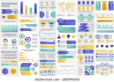 Business infographic elements set. Data visualization bundle for creative marketing presentation and workflow layout. Colorful stock and flow charts, line, circle and bar graphs vector illustration.