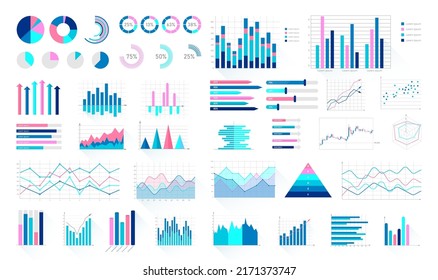 Business infographic elements set. Financial presentation visualization collection for analytics and statistics report. Colorful diagram, pie and flow charts, bar graphs and lines. vector illustration