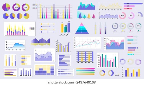 Business infographic elements set. Financial presentation visualization collection for analytics and statistics report. Colorful diagram, pie and flow charts, bar graphs and lines. vector illustration