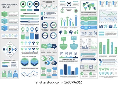 Business infographic elements set in flat style. Data visualization bundle ready to use in business presentation and analytics report. Circular and linear colorful diagrams vector illustration.