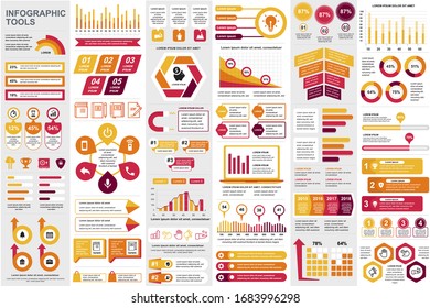 Business infographic elements set. Business processes visualisation, workflow and flowchart. Colorful stock and flow charts, line, circle and bar graphs vector illustration. Business and accounting