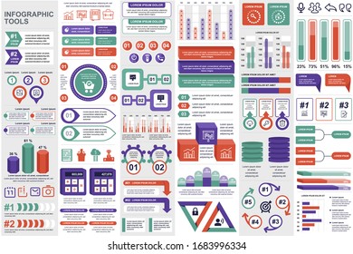 Business infographic elements set. Business processes visualisation, workflow and flowchart. Colorful stock and flow charts, line, circle and bar graphs vector illustration. Business and accounting