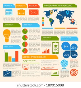 Business infographic elements set with world map charts and office work items vector illustration