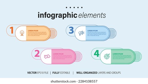 Diseño de plantillas de elementos de infografía empresarial con iconos y 4 opciones o pasos. Ilustración vectorial.
