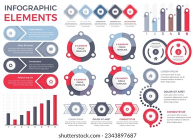 Business infographic elements and templates collection - bar charts, steps and options, circle diagrams, vector eps10 illustration